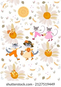 Cute cartoon cats, mice, birds, sun, large daisies, ears of wheat, butterflies, berries and small tulips isolated on a white background. Funny seamless fabric print for kids. Chinese year of the cat. 