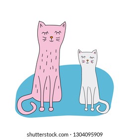 Cute cartoon cats- mother and daughter,coloring book with cat and kitten,isolated on white background,vector illustration . Sweet cards for mothers day with cats.