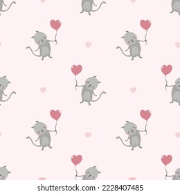 Cute cartoon cats with pink balloon heart shape