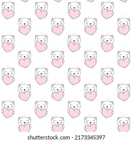 Cute cartoon cats with pink heart. Seamless cats pattern.