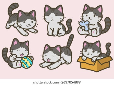 Cute Cartoon Cats Playing in Various Poses - Vector Illustration
