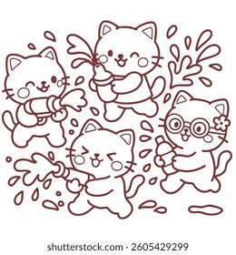 Cute cartoon cats playing water in Songkran festival