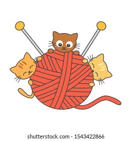 cute cartoon cats playing with wool ball funny vector illustration isolated on white background