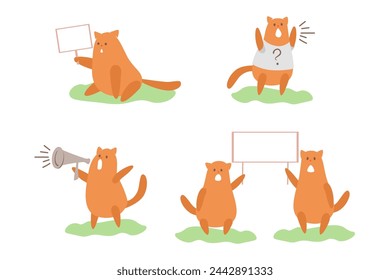 Cute cartoon cats with a poster and a megaphone. Animals Protest at a rally, picket. Scream and outrage. Hand drawn flat vector illustration isolated on white background.