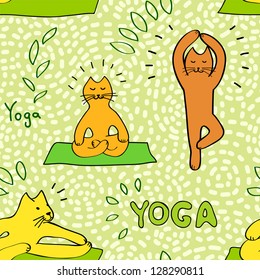 Cute cartoon cats practicing yoga green seamless pattern, vector