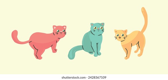 Cute cartoon cats in a retro motif. Pretty colorful kittens in the collection. Set of hand drawn simple animals. Graphic element for various designs. Vector illustration.