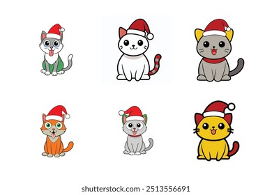 "Gatos de Desenho Animado Bonitos com Chapéus de Santa - Ilustrações de Gato de Natal"

