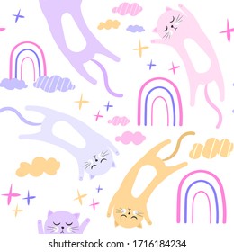 Cute cartoon cats. Seamless pattern. Isolated vector illustration.