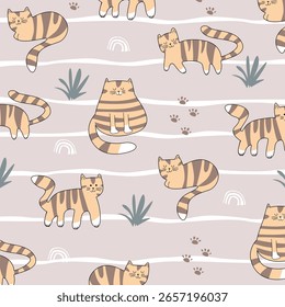 cute cartoon cats seamless pattern vector design for kids apparel fullprint fabric. This design is suitable for children's clothing textile industry