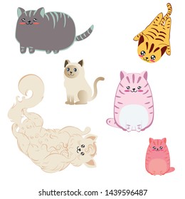 Cute cartoon cats set, abstract kawaii kitty design illustration.