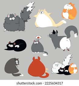 Cute cartoon cats set. Different cats poses. Grey cat. 