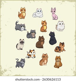 Cute cartoon cats set featuring various breeds, colors, and playful poses.