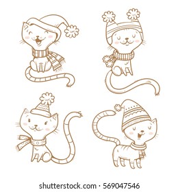 Cute cartoon cats set. Four little kitten. Winter time. Funny animals in hats and scarves. Vector contour image no fill. Children's illustration.