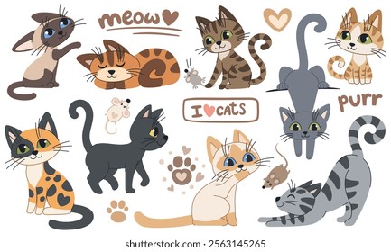 Cute cartoon cats set. Hand drawn doodle cats in different poses and colors. Cats, mice and cute elements stickers collection. White background.