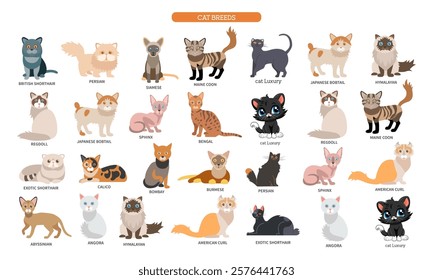 Cute cartoon cats set. Hand drawn doodle cats in different poses and colors. Cats, mice and cute elements stickers collection. White background.