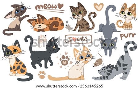 Cute cartoon cats set. Hand drawn doodle cats in different poses and colors. Cats, mice and cute elements stickers collection. White background.