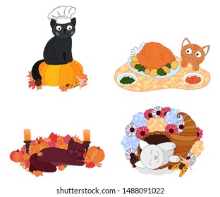 cute cartoon cats set, isolated stickers, happy thanksgiving day greeting card, editable vector illustration