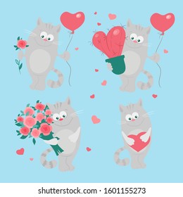 Cute cartoon cats set for St. Valentine's Day. Vector illustration