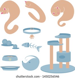 
cute cartoon cats and sets of feline attributes. wonderful stickers, kits for website design, booklets, business cards, shops and pet products. in sets: drawn vector cats, food, milk, cat houses, toy