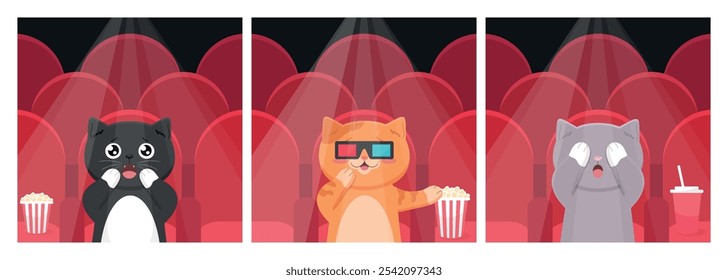 Cute cartoon cats sitting in movie theater. Cats watching a movie in movie hall with red seats and spotlight. Vector illustration