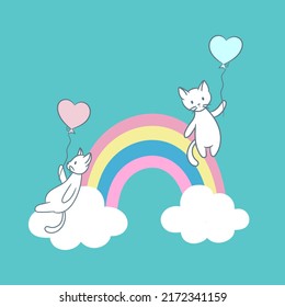 Cute cartoon cats sitting on a rainbow holding on to balloons, vector illustration, isolated
