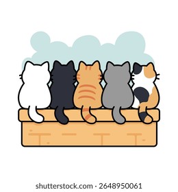 Cute cartoon cats are sitting side by side on a ledge, viewed from behind, vector illustration