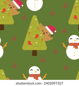 Cute cartoon cats, snowman and christmas tree seamless pattern with Christmas elements. Cute Christmas wallpaper for cards, gift wrapping paper