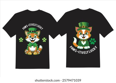 Cute Cartoon Cats in St. Patrick's Day Hats on Black T-shirts