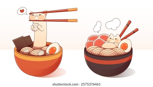 Cute cartoon cats transformed into ramen ingredients - feline emerging from noodles with chopsticks, tiny pet resting on steaming meat slice. Japanese food bowls filled with eggs, naruto swirls.