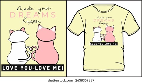Cute cartoon cats typography design for t-shirt. Romantic cat illustration with Make your dreams happen and Love you, love me text on light background.
