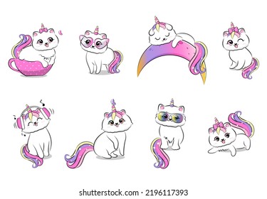Cute cartoon cats with unicorn horn and tail set. Vector illustration.