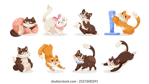 Cute cartoon cats in various playful poses on white background. Vector illustration