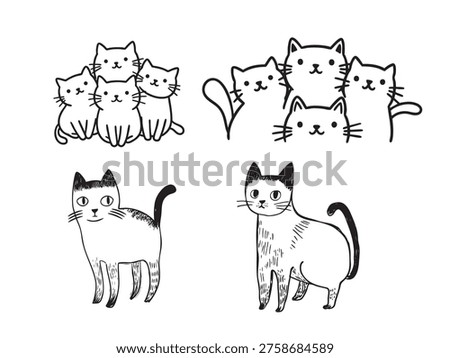 Cute cartoon cats in various poses and groups. Simple line drawings, charming and playful. Perfect for kids' books or playful designs