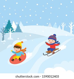 Cute cartoon caucasian children ride a tubing and sled. Wintertime, outdoors activites. Schoolboy and schoolgirl enjoy sports. Nature winter background. Flat vector illustration