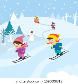 Cute cartoon caucasian children are skiing. Wintertime, outdoors activites. Schoolboy and schoolgirl enjoy sports. Nature winter background. Flat vector illustration