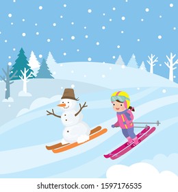 Cute cartoon caucasian teenager girl and funny snowman are skiing. Wintertime, outdoors activities. Characters enjoy sports. Nature winter banner. Flat vector illustration