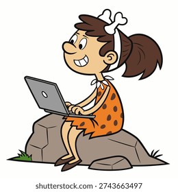 Cute cartoon cave girl using laptop. Prehistoric kid working on computer. Funny contrast of ancient human and modern technology. Vector illustration isolated on white background for digital concepts.