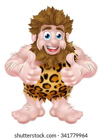 A cute cartoon caveman in an animal skin giving a double thumbs up.