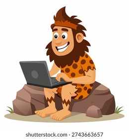 Cute cartoon caveman using laptop. Smiling prehistoric adult character in primitive costume. Funny contrast of ancient man and modern technology. Vector illustration isolated on white background.
