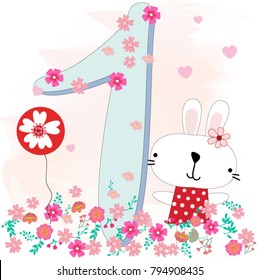 Cute cartoon celebrated rabbit bunny in the flower garden,1st birthday baby shower theme,character warm and satisfied, happy pattern by hand draw doodle comic style,animal calendar set vector design