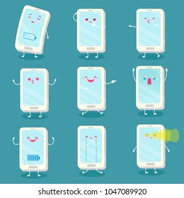 cute cartoon cellphone do different emoji on the blue background