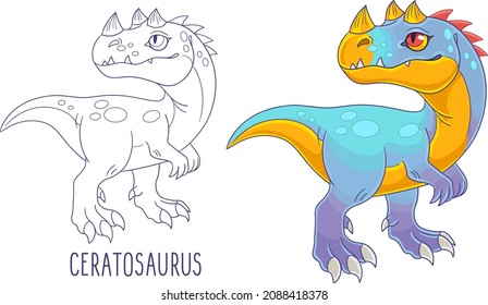 Cute cartoon ceratosaurus. Dinosaur with horns. Set of illustrations for coloring book.