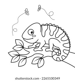 Cute cartoon chameleon. Black and white vector illustration for coloring book svg