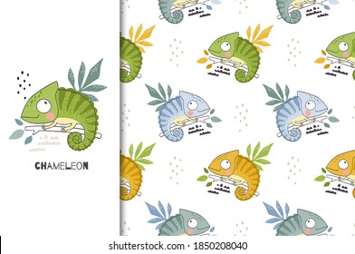 Cute cartoon chameleon character. Jungle animal card and seamless background pattern. Hand drawn surface design vector illustration.