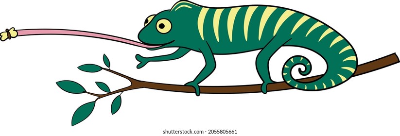 Cute cartoon chameleon on branch catch the butterfly. Vector illustration, hand-drawn flat style