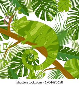 Cute cartoon chameleon on tree with tropical leaves. Vector illustration, hand-drawn flat style.