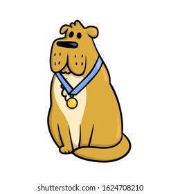 Cute cartoon champion dog with gold medal on the neck. Champion with award on a collar. Flat vector illustration isolated on white background.