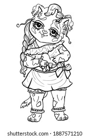 Cute cartoon character, adorable kind baby girl puppy with long pigtail and plump cheeks, bow-knot and big eyes, with a small nose and ears, in dress, with bracelet and with a gift heart in his paws.