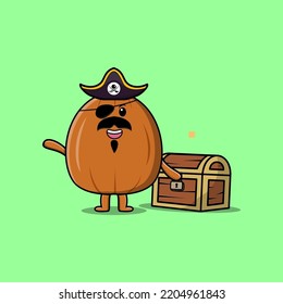 Cute cartoon character Almond nut pirate with treasure box in modern style design