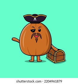 Cute cartoon character Almond nut pirate with treasure box in modern style design